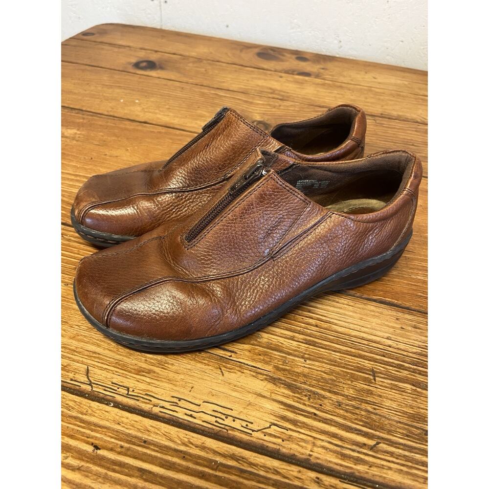 Thom McAn Brown Leather Zip Comfort Shoes Women 8.5W Wide Walking Loafers